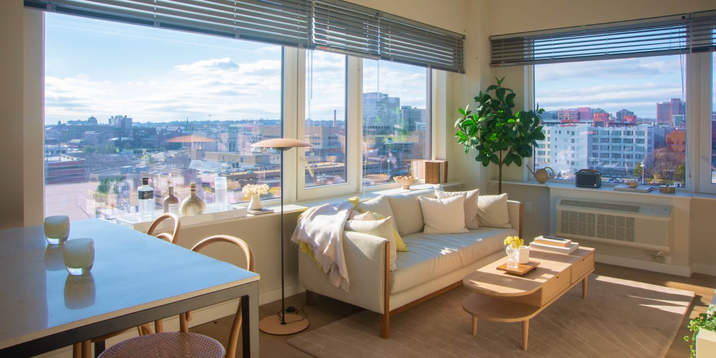 View of the designer living room at Newark Urby - luxury Newark NJ apartments for rent